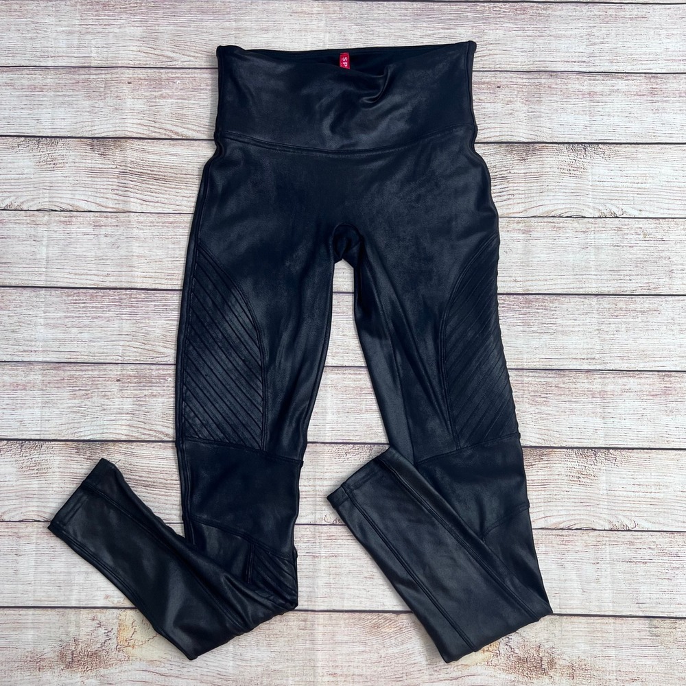 SPANX Faux Leather Moto Leggings Very Black High Rise‎ Ribbed Women's Size Small